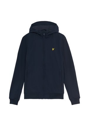 Veste à capuche zippée navy en tissu lisse, dotée d'un petit logo jaune sur la poitrine et de poignets et d'une taille élastiques.