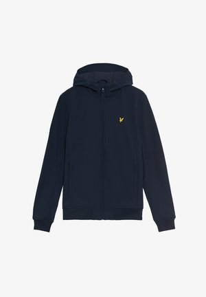 Navy zip-up hooded jacket made of smooth fabric, featuring a small yellow logo on the chest and elastic cuffs and waistband.