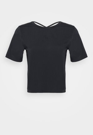 Black short-sleeve cropped top with crew neck and crisscross strap detail at the back, displayed against a plain white background.