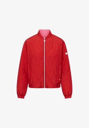 Red quilted jacket with front zipper, high collar, elastic cuffs, and subtle pattern stitching on sleeves and body.