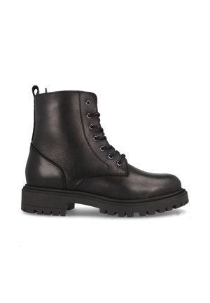 Botas de tobillo de cuero negro con puntera redonda, cordones en la parte delantera, tirador y suela de goma resistente con un patrón de relieve.