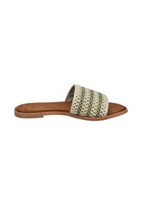 Sandalia deslizante trenzada con parte superior textil a rayas en beige y verde y suela de corcho marrón, con un diseño plano y abierto sin soporte trasero.