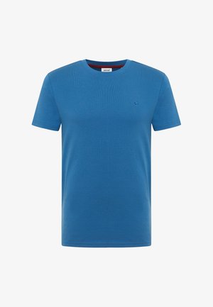Blue short-sleeve crew neck t-shirt with small embroidered horse logo on the left chest and a Mustang brand label inside collar.