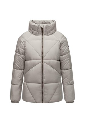 Lys grå pufferjakke med høy krage, frontglidelås og quiltet design. Har elastiske mansjetter og trekantede sømmer.