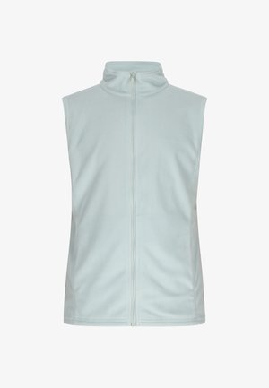 Vest din fleece de culoare albastru deschis, cu guler înalt și fermoar frontal, fără mâneci și cu o textură netedă, potrivit pentru a fi purtat în straturi.