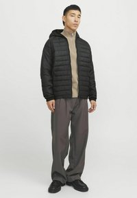 Chaqueta de plumas negra con capucha, diseño acolchado horizontal, combinada con una camiseta beige de cuello con cremallera. Pantalones grises sueltos y zapatos negros.