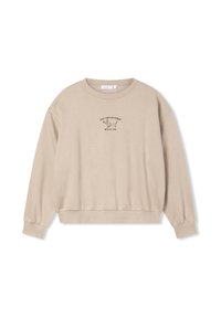 Beżowy sweter z okrągłym dekoltem, długimi rękawami, elastycznymi mankietami oraz nadrukiem psa z tekstem na przodzie.