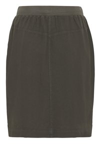 Mörk olivgrön kjol i mjukt tyg, med elastisk midja, enkel design och rak skärning med minimal sömdetalj.