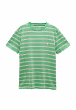Green short-sleeve T-shirt with white horizontal stripes and a small white embroidered logo on the left chest.
