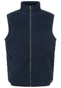 Navy zila korduroja veste ar augstu apkakli un priekšējo rāvējslēdzēju. Iespējamas divas sānu kabatas un izšūtas paneļi tekstūrai.