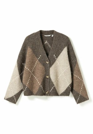 Barna, bézs és krém színű, rombuszmintás, gombos kardigán hosszú ujjakkal és V-nyakú gallérral.