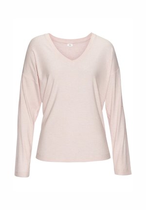 Light pink long-sleeve V-neck top made from ribbed fabric, featuring wide sleeves and a relaxed fit.