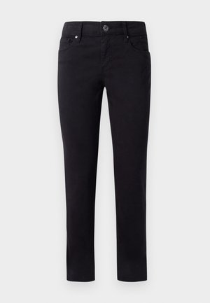 Pantalones de algodón negros con un diseño de pierna recta, que cuentan con bolsillos delanteros y un cierre de botón en la cintura. Textura suave y sin patrones.