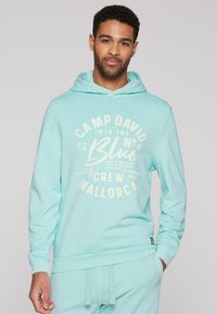 Sudadera verde menta con un gráfico frontal en texto blanco, que presenta un logotipo y frases decorativas. Puños acanalados y bajo, textura de tela suave.