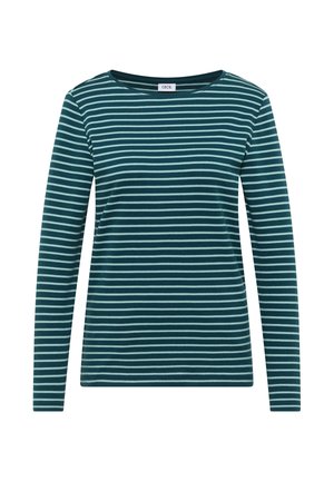 Langsleeve teal shirt met horizontale lichtblauwe strepen. Ronde halslijn, zachte stof en een relaxte pasvorm. Merklabel is zichtbaar bij de kraag.