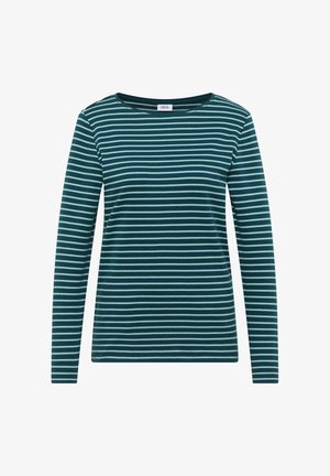 Maglietta a maniche lunghe di colore teal con righe orizzontali azzurre chiare. Scollo rotondo, tessuto morbido e vestibilità rilassata. Etichetta del marchio visibile sul colletto.