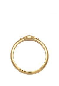 Auksinis žiedas su lygiu, poliruotu paviršiumi, turintis centrinį apvalų akmenį ir mažus akcentinius dekorus šonuose.