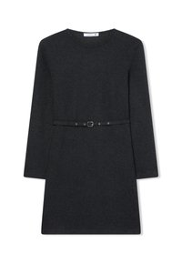 Vestito grigio scuro con scollatura rotonda, maniche lunghe e vita aderente accentuata da una sottile cintura con una fibbia rettangolare.
