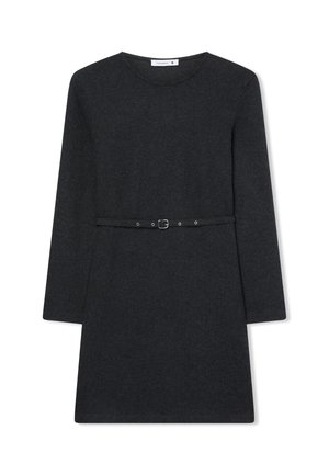 Vestito grigio scuro con scollatura rotonda, maniche lunghe e vita aderente accentuata da una sottile cintura con una fibbia rettangolare.