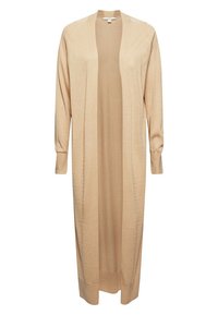 Long gilet beige ouvert sur le devant, manches longues et poignets côtelés en tissu tricoté doux.