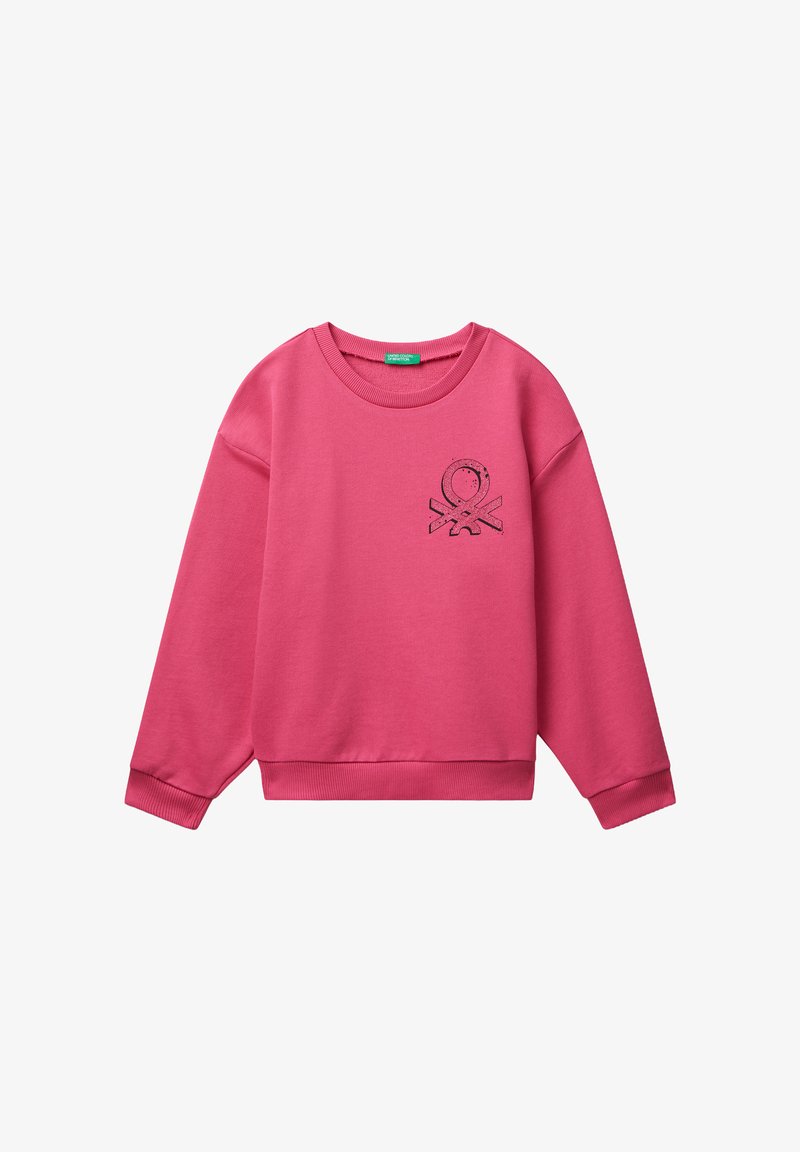 Rosa Sweatshirt mit rundem Ausschnitt, langen Ärmeln und gerippten Bündchen. Mit einem schwarzen Druckmotiv auf der Brust. Weicher Stoff.