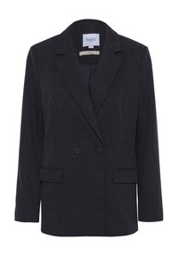 Blazer doppiopetto grigio scuro su misura con revers a taglio, due bottoni, tasche a soffietto e maniche lunghe, taglia media.