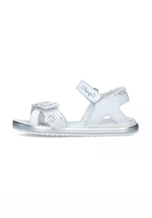 Sandalo bianco in materiale sintetico, con fascetta regolabile in velcro, accentuato da fiori e rifiniture argento. Presenta un design aperto e una soletta testurizzata.