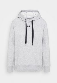 Sudadera gris hecha de material suave, con un bolsillo frontal, cuerdas ajustables negras y un pequeño logo negro en el centro.