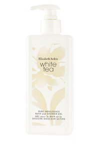 Pompflacon van de Elizabeth Arden White Tea Bad- en Douchegel. Witte container met lichtgele bloemdessin, zwarte tekst en een witte pomp.