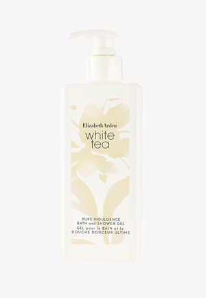 Pompflacon van de Elizabeth Arden White Tea Bad- en Douchegel. Witte container met lichtgele bloemdessin, zwarte tekst en een witte pomp.