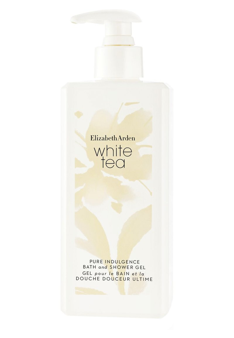 Pompflacon van de Elizabeth Arden White Tea Bad- en Douchegel. Witte container met lichtgele bloemdessin, zwarte tekst en een witte pomp.