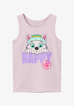 Tricou roz fără mâneci pentru copii, având fața unui câine de desen animat și cuvântul "FERICIT" scris cu violet, plus un logo în formă de lăbuță roz.