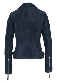 Navy suede jacket with a fitted shape, notched collar, and zippered cuffs. Features buckle detail at the waist and smooth texture throughout.