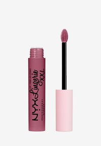 NYX Lip Lingerie XXL i en matt mauve-färgad tub. Har en svart applicator med en mjuk, rund spets för exakt applicering.
