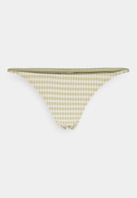 Bas de bikini à imprimé vichy vert et blanc avec un design minimaliste, présentant une texture lisse et une taille fine.