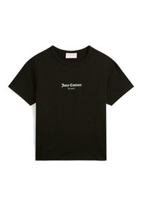 Juodos medvilninės marškinėlių su apvaliu kaklu ir trumpomis rankovėmis, su baltais užrašais "Juicy Couture SPORT" priekinėje dalyje.