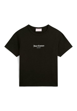 Schwarzes Baumwoll-T-Shirt mit rundem Halsausschnitt und kurzen Ärmeln, mit "Juicy Couture SPORT" in Weiß auf der Vorderseite.