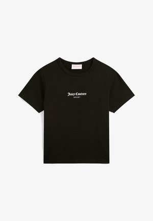 Fekete pamut póló kerek nyakkivágással és rövid ujjakkal, fehér "Juicy Couture SPORT" felirattal a középen.