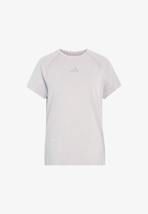 Hellgraues sportliches T-Shirt mit kurzen Ärmeln, rundem Ausschnitt, subtiler Textur und Adidas-Logo auf der Brust in passendem Farbton.