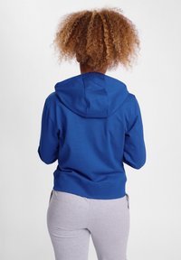 Sudadera azul con capucha, de corte relajado, textura suave y dobladillo acanalado. Combinada con pantalones de chándal gris claro, vista desde atrás.