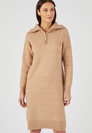 Robe en tricot beige avec un col zippé mi-hauteur, présentant un motif texturé sur la poitrine et des poignets et un ourlet côtelés. Douce et de longueur moyenne.