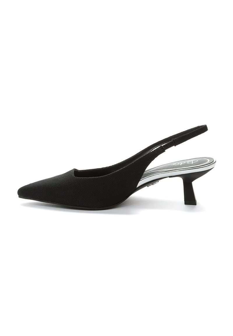 Black slingback shoe with a pointed toe, textured fabric upper, low block heel, and a sleek, minimalist design.