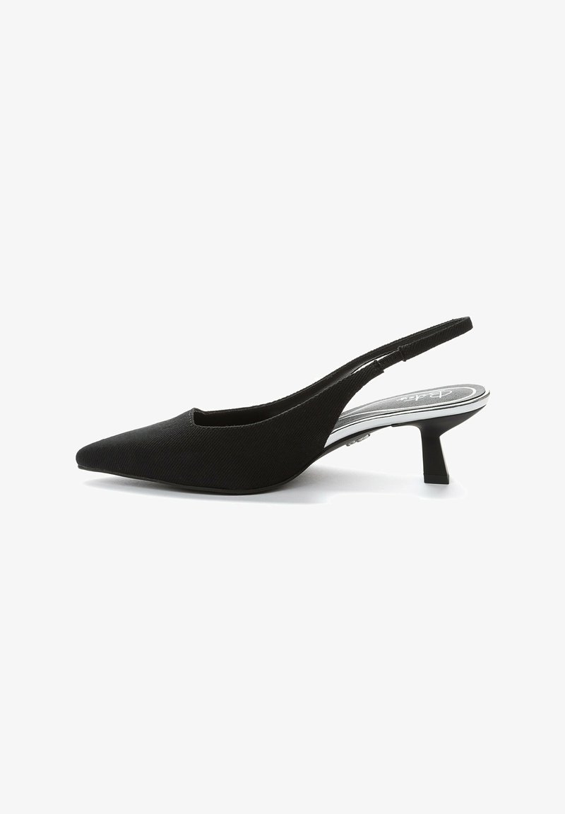 Black slingback shoe with a pointed toe, textured fabric upper, low block heel, and a sleek, minimalist design.