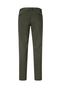 Olive green pants made of cotton with a smooth texture, featuring a straight cut, two rear pockets, and stitched detailing along seams.