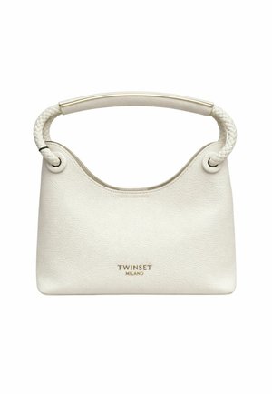Borsa Twinset Milano in pelle bianca con manico intrecciato e logo in tonalità oro sulla parte anteriore, forma rettangolare strutturata.
