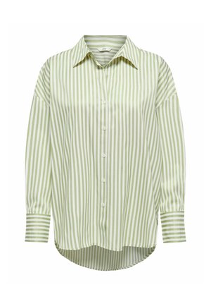 Ilgų rankovių mygtukų marškiniai su šviesiai žaliais ir baltais vertikaliais dryžiais, smailu apykakle ir apvaliu apatini edge.