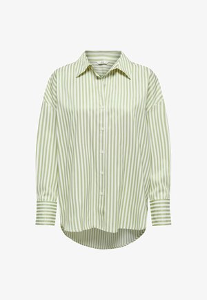 Ilgų rankovių mygtukų marškiniai su šviesiai žaliais ir baltais vertikaliais dryžiais, smailu apykakle ir apvaliu apatini edge.