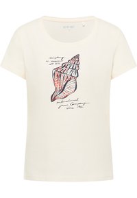 T-Shirt mit kurzen Ärmeln aus einer Baumwollmischung in Cremefarbe, mit einem bunten Muschel-Design und handgeschriebenem Text. Klassischer runder Ausschnitt und lässige Passform.