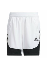 Valkoiset urheilushortsit mustilla yksityiskohdilla, valmistettu sileästä ja kevyestä kankaasta. Ominaisuuksia ovat joustava vyötärö ja sivutaskut. Adidas-logo esillä.