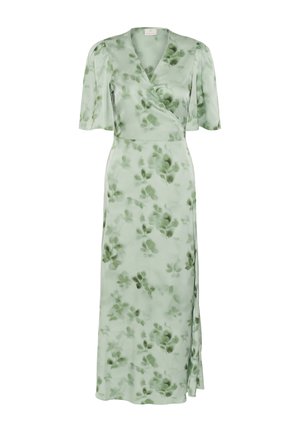 Hellgrünes Wickelkleid mit kurzen Puffärmeln, V-Ausschnitt und dezentem, dunkelgrünem Blattmuster, bodenlang mit seitlichem Schlitz.